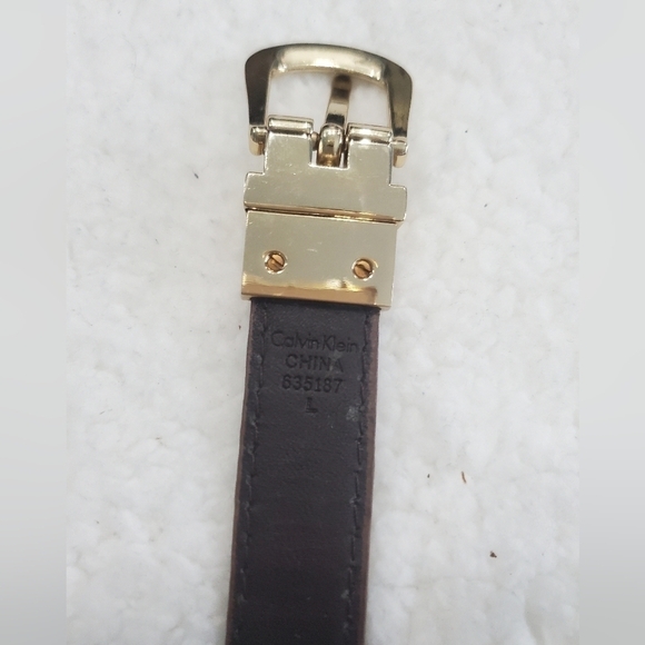 CALVIN KLEIN FANCY BROWN LEATHER THIN PANTS BELT GOLD METAL SQUARE BUCKLE SZ L. - Picture 6 of 8